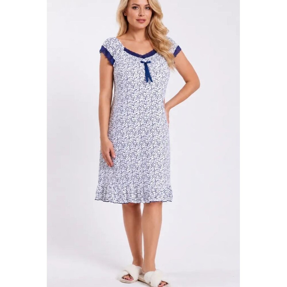 Womens 2XL White Floral Print Knit Midi Nightgown Short Sleeve Lace Sleep Dress